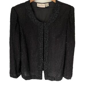 🌷 Laurence Kazar Vintage Black Silk Beaded Formal Jacket
